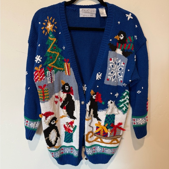 Festive Holiday Blue Penguin Sweater Womens Size Large Cotton Christmas Handknit - Picture 1 of 9